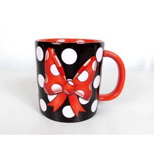 Disney Minnie Mouse Mug Embossed Bow Red Black with White Dots 12 -14 oz